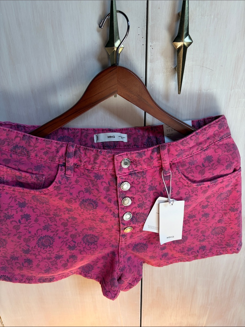 Mango Pink Floral-Print Button-Front Jean Shorts